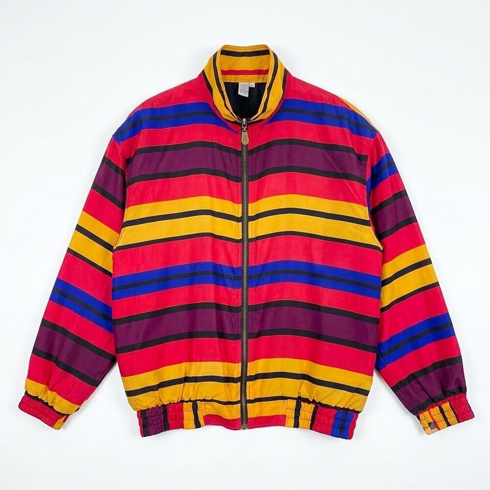 Fuda International Vintage Silk Bomber Jacket Multicolor Stripe Zip Womens Large